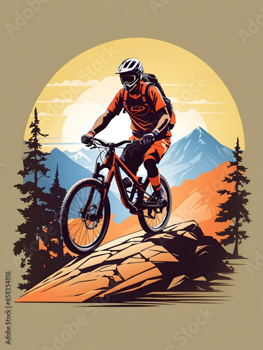A Flat Color Vector Art Image Capturing the Excitement of Mountain Biking Downhill. This Illustration Radiates the Adrenaline, Speed, and Adventure of Riding Through Rugged Terrain.