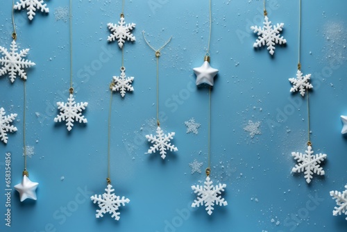 a seamless blue background with blue and cyan fair tree ornaments, top view, flat lay. Negative space for text
