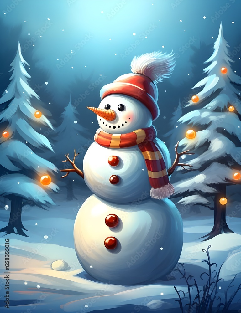 Obraz premium cartoon style snowman with Christmas tree