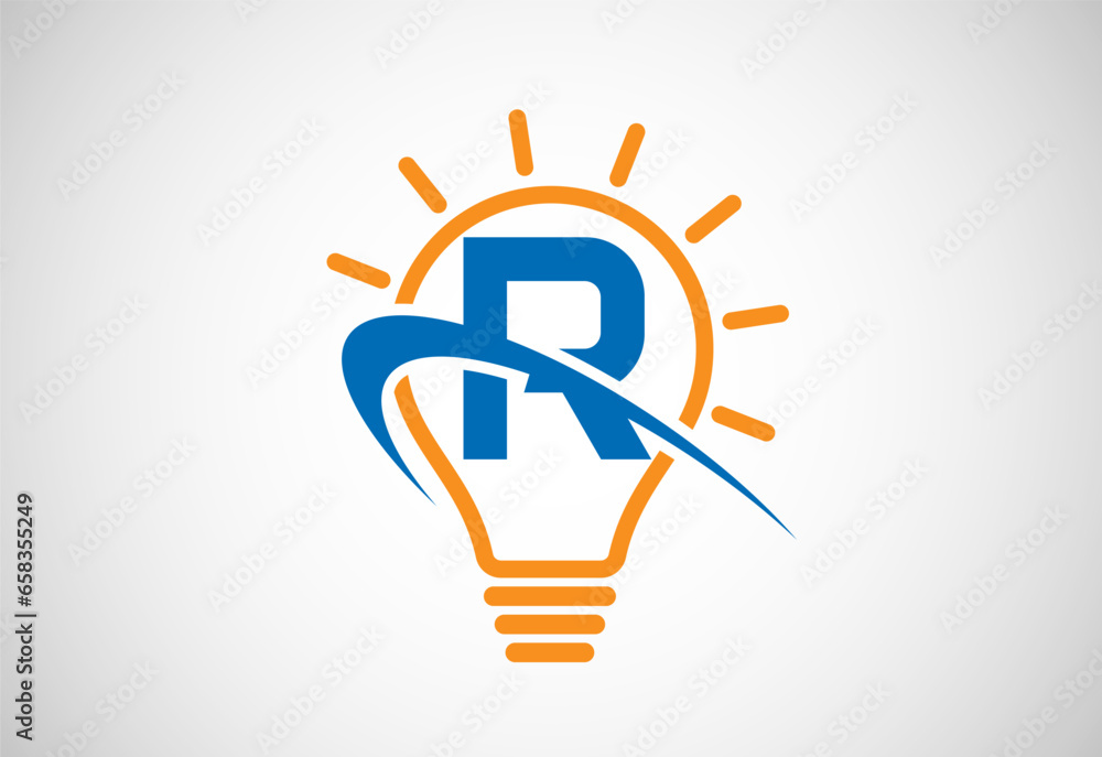 English alphabet R with light bulb and swoosh. Electric bulb logo vector template. Electricity logo English alphabet R with light bulb and swoosh. Electric bulb logo vector template. Electricity logo