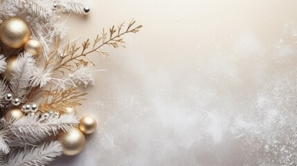 An empty postcard among the christmas decoration - golden fair-tree ornaments, flat lay top view. Background