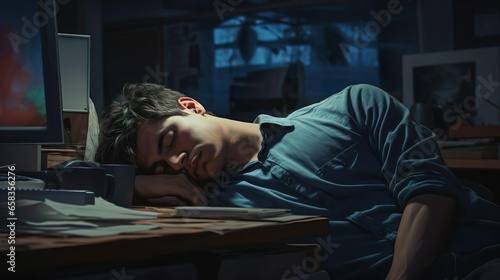 Overworked exhausted young handsome business man sleeping on his office desk next to computer and documents. Company worker tired of overworking. Male employee workaholic suffering from chronic