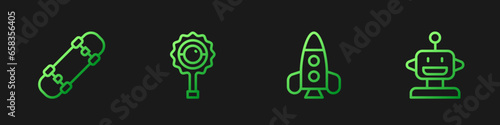Set line Rocket ship toy, Skateboard, Rattle baby and Robot. Gradient color icons. Vector