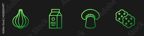Set line Mushroom, Garlic, aper package for milk and Cracker biscuit. Gradient color icons. Vector