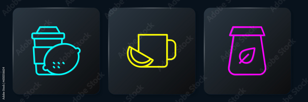 Set line Cup of tea with lemon, Tea packaging and . Black square button. Vector Set line Cup of tea with lemon, Tea packaging and . Black square button. Vector