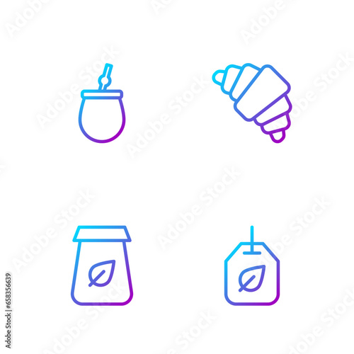 Set line Tea bag with leaf, packaging, Mate tea and Croissant. Gradient color icons. Vector