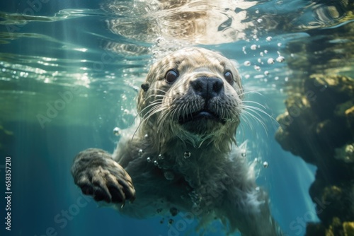 A picture of a dog swimming underwater in the ocean. Suitable for various uses.