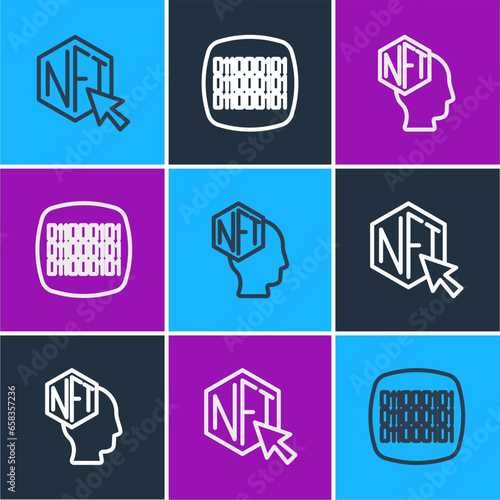 Set line NFT Digital crypto art, and Binary code icon. Vector