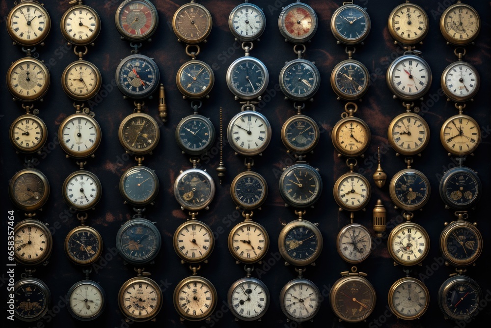 A collection of various clocks displayed on a wall. This image can be used to showcase different time zones, emphasize punctuality, or represent the concept of time management. A collection of various clocks displayed on a wall. This image can be used to showcase different time zones, emphasize punctuality, or represent the concept of time management.