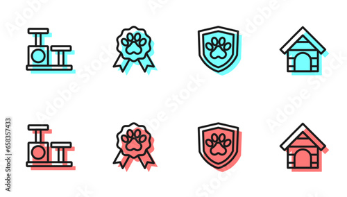 Set line Animal health insurance, Cat scratching post with toy, Pet award symbol and Dog house icon. Vector