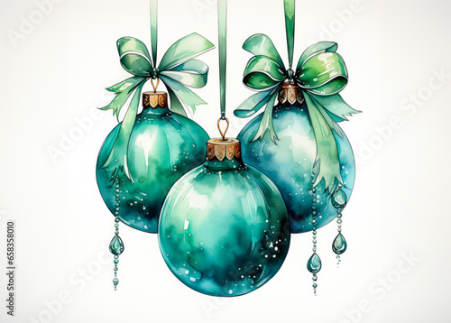 Christmas Decoration on White. Teal Decoration on White Board. Christmas Card. Holiday Greeting. Three Turguoise Christmas Balls with Decorative Bows. Generative AI.  photo