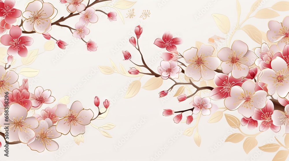  a painting of pink flowers on a white background with a gold border.  generative ai - obrazy, fototapety, plakaty 