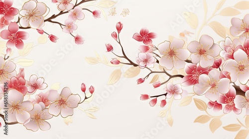  a painting of pink flowers on a white background with a gold border.  generative ai