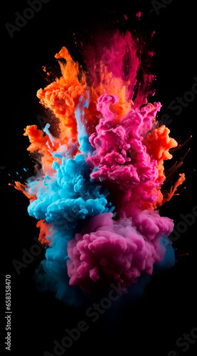 Colorful Smoke is Exploding. Color Explosion on Black Background. Vibrant Powder in Motion. Generative AI. 