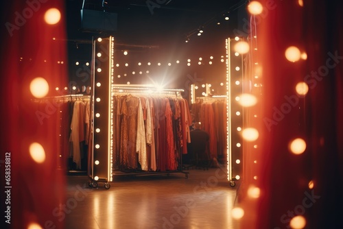 Actor's dressing room, lit by bulbs, with costumes hanging - Behind the scenes - AI Generated