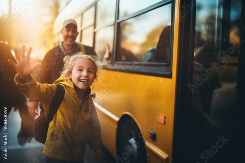 Child Waving to its Parents Goodbye Goint To School on a School Bus- Morning School Routine - AI Generated photo