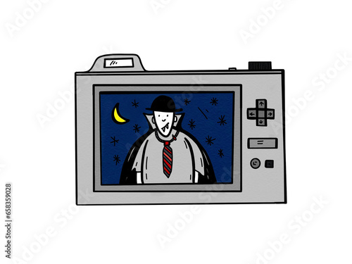 camera display showing a night scene with a bright moon and a funny cartoon vampire wearing a tie