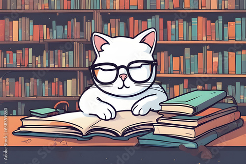 A white cat with glasses reading a book in the library Generative AI