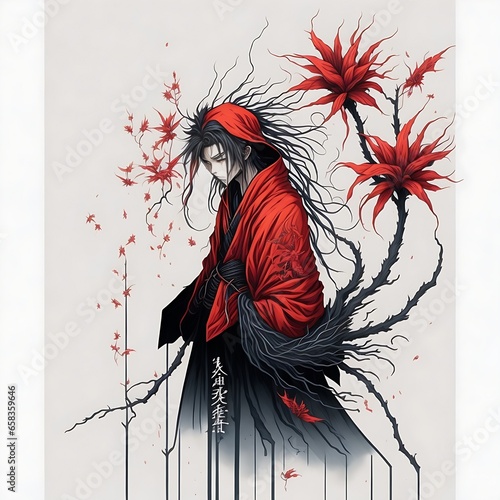 Japanese Ninja Hokage in complete armor, spider lily in white background for T shirt, poster print. Rough art style japanese Generative Ai photo