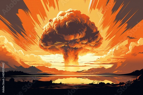 Illustration Depicting Huge Nuclear Bomb Explosion, Symbolizing The End Of The World And Doomsday In Postapocalyptic Scenario. Сoncept Nuclear Apocalypse, Post-Apocalyptic World, Doomsday