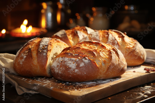 The warm and comforting aroma of freshly baked bread wafting from a bakery. Concept of sensory beauty. Generative Ai.