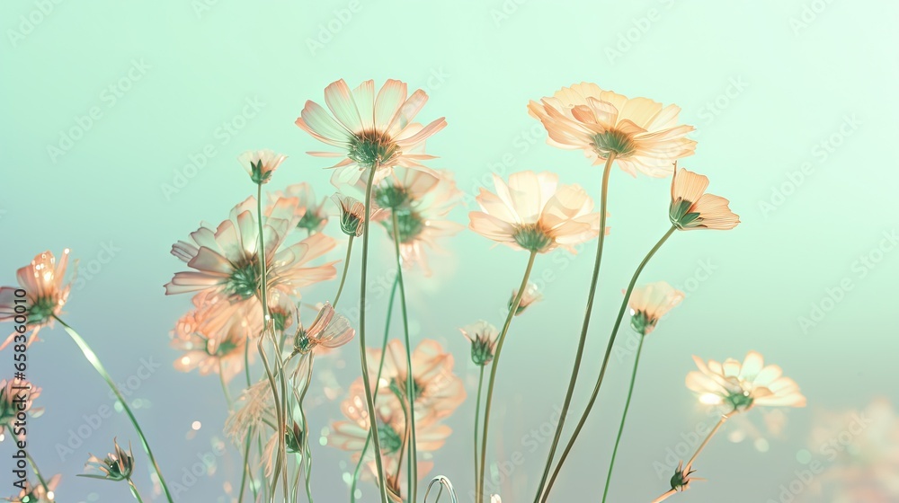  a bunch of flowers that are in the grass with a sky background.  generative ai