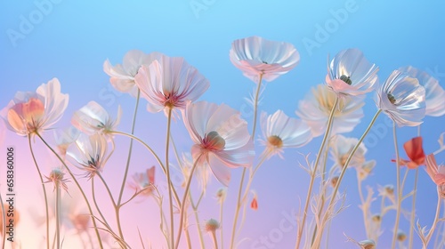  a bunch of flowers that are in the air with a sky background. generative ai