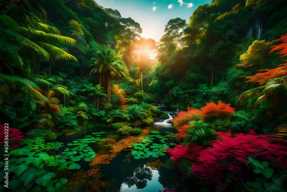 A vibrant landscape of lush foliage and vibrant colors where nature and technology merge in harmony - AI Generative