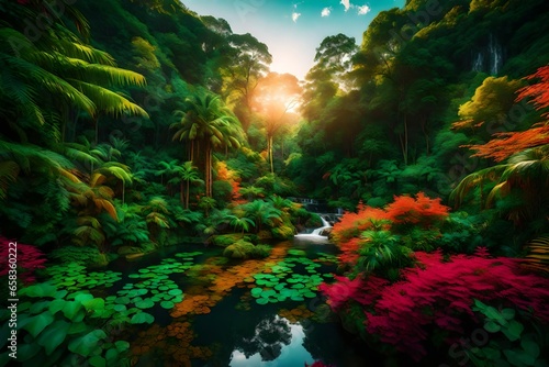 A vibrant landscape of lush foliage and vibrant colors where nature and technology merge in harmony - AI Generative