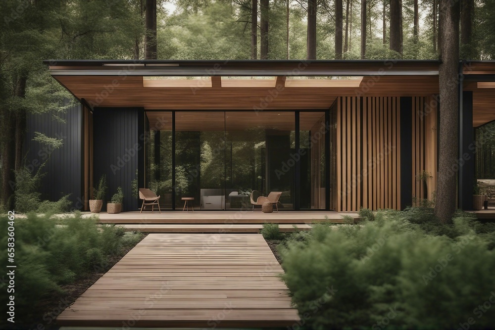 Modern villa decorated with wooden planks cladding in green forest