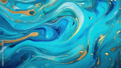  a blue and gold abstract painting with bubbles and drops of water. generative ai