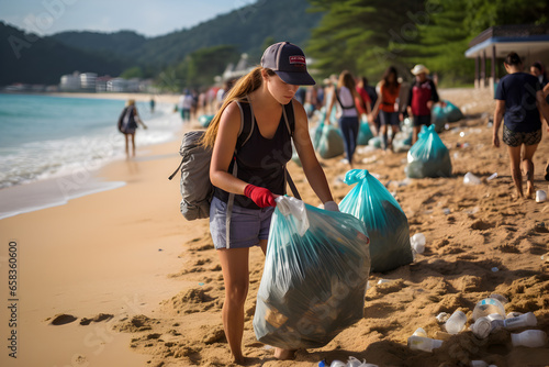 Tourists clean up trash and plastic bottles from the beach. Preserve the environment, Recycling, Helping local communities