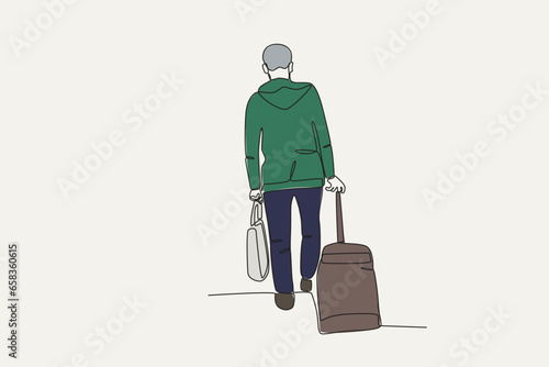Color illustration of a man carrying a suitcase. International migrants day one-line drawing