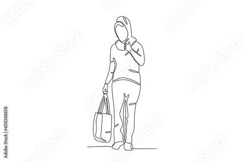 A migrant woman carrying a bag. International migrants day one-line drawing