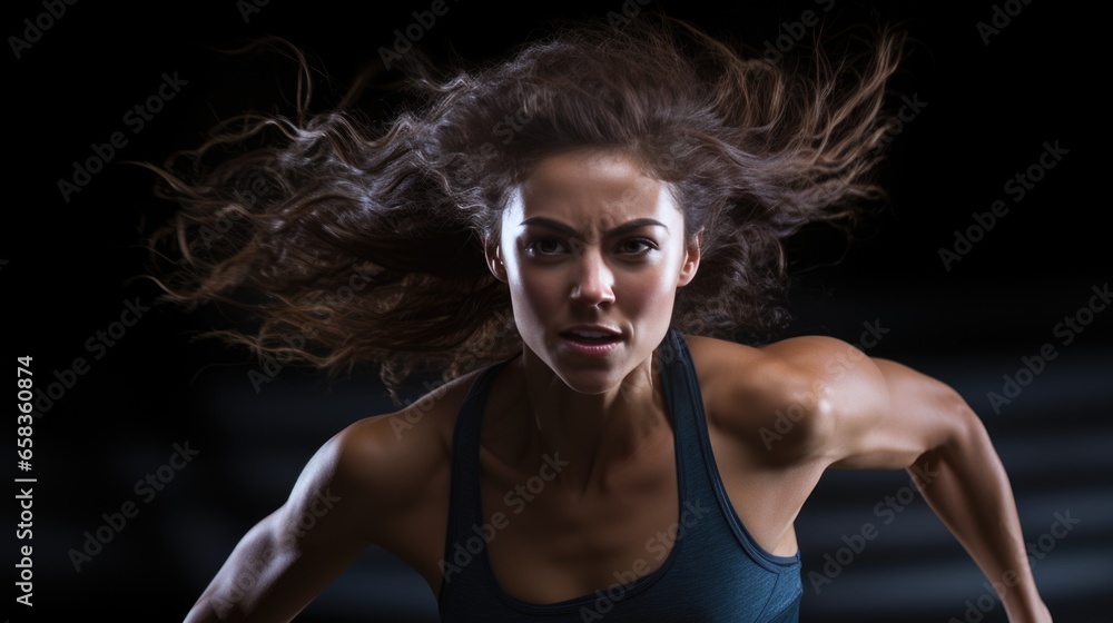 A woman athlete runs in a dynamic pose. A woman athlete runs in a dynamic pose.