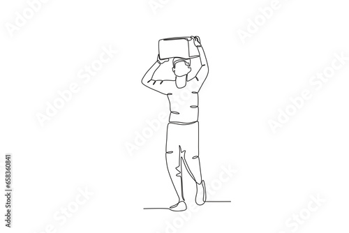 A man carries a box over his head. International migrants day one-line drawing