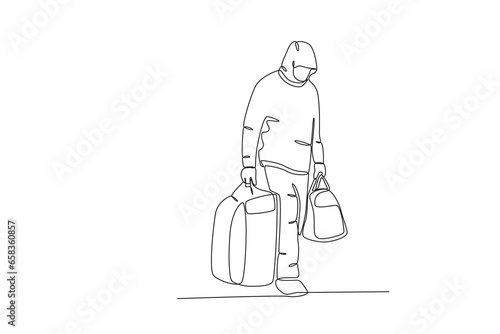 A man carrying two large bags. International migrants day one-line drawing