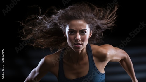 A woman athlete runs in a dynamic pose.
