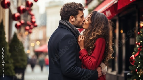 Couple kiss in winter holiday theme photo