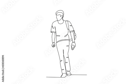 A migrating man carrying a small backpack. International migrants day one-line drawing