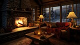 Cozy winter cabin with fireplace, in snow land