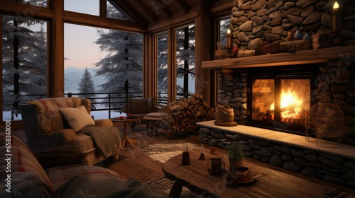 Cozy winter cabin with fireplace, in snow land © thesweetsheep