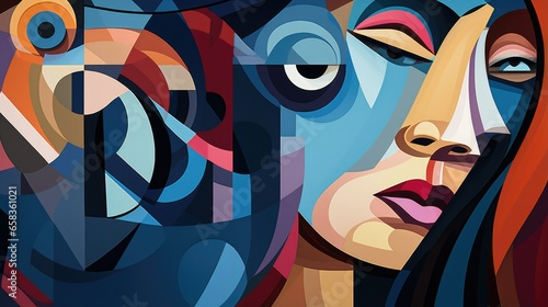 Cubism art of woman face, colorful full background