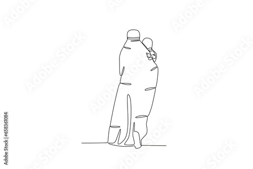 Back view of an immigrating woman holding her child. International migrants day one-line drawing