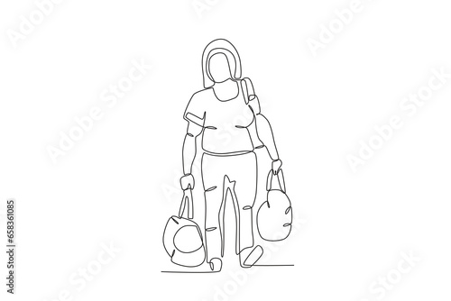 A young woman migrates out of the city. International migrants day one-line drawing