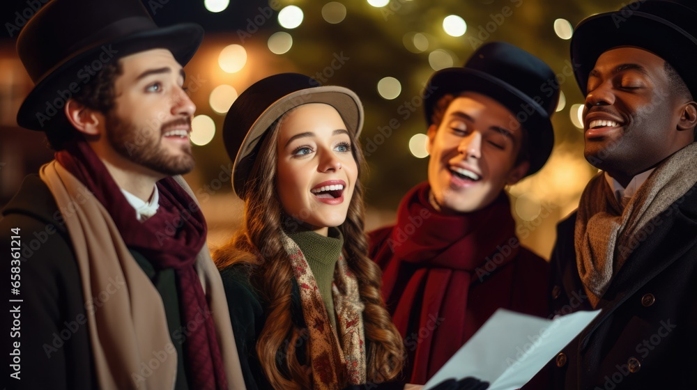 Obraz premium Carolers singing in the neighborhood, Christmas day
