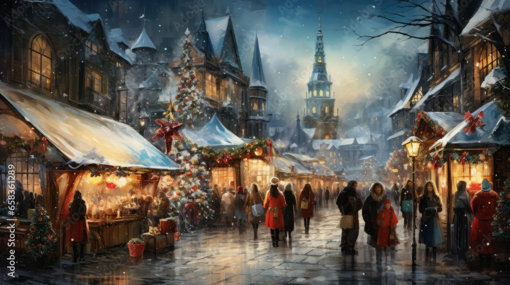 People shopping in a bustling holiday market, christmas