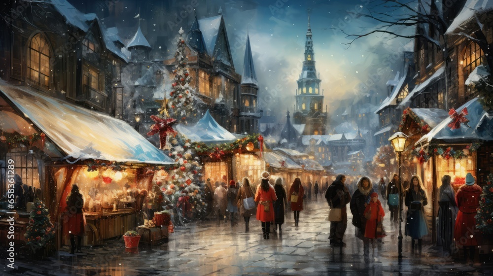 People shopping in a bustling holiday market, christmas People shopping in a bustling holiday market, christmas