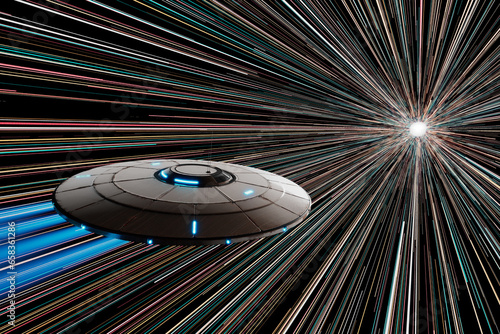 Fototapeta Naklejka Na Ścianę i Meble -  Extraterrestial flying saucer travelling through the universe with extreme speed