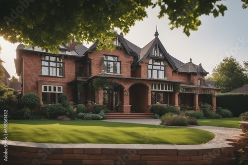 Victorian style brick family house exterior with roof tiles Beautiful landscaped front yard
